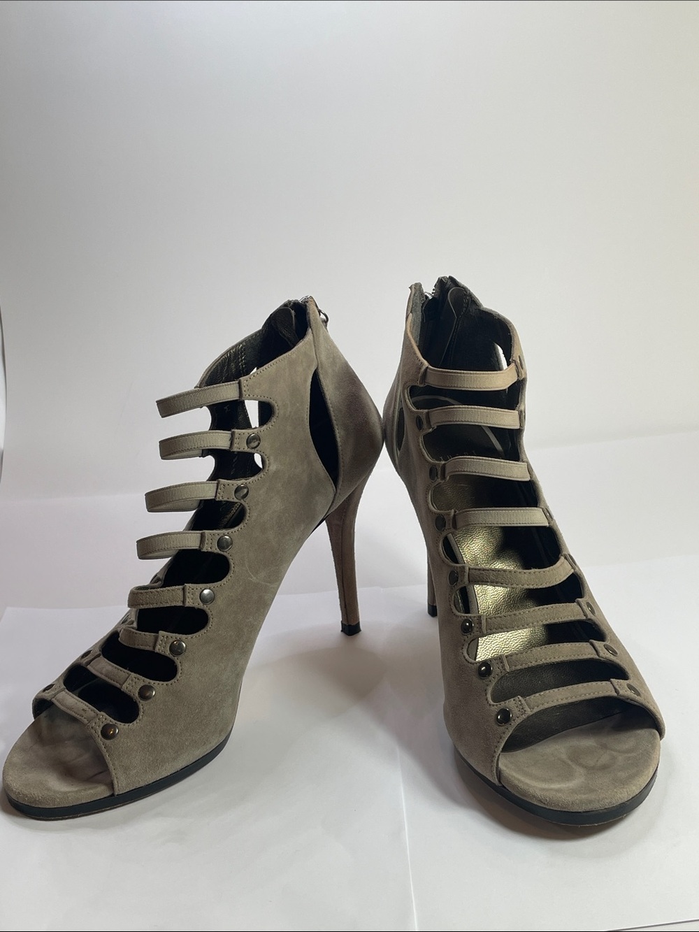 Stuart Weitzman Taupe Strappy Peep-Toe Stiletto Booties Size 9M